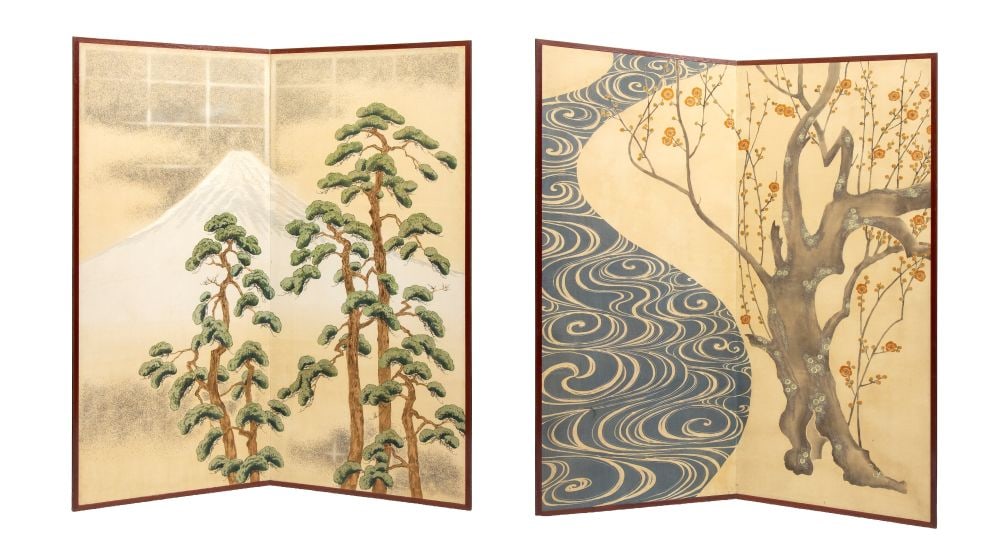 Pair of By?bu Screens: Pair of By?bu ScreensHeight x width: 153 x 140 cmJapan, 20th centuryone depicts snow-capped Mount Fuji, framed in the foreground by three imposing pine trees (Matsu). In Japanese culture, the pine