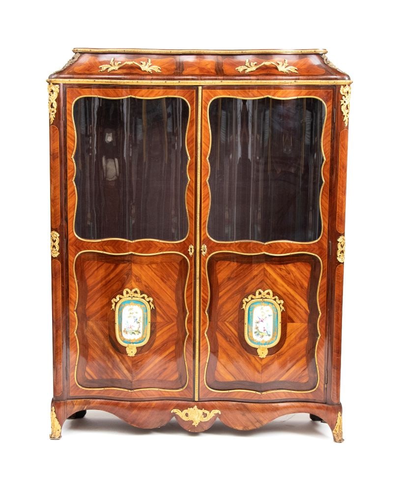 MASSON French Transition-style display cabinet by Masson - 19th century: Height x width x depth: 162 x 124 x 34 cm made of fine exotic wood veneer, with polychrome Sèvres-style porcelain plaques on the doors, and gilded, chiseled bronze fittings. It bears two brand ma