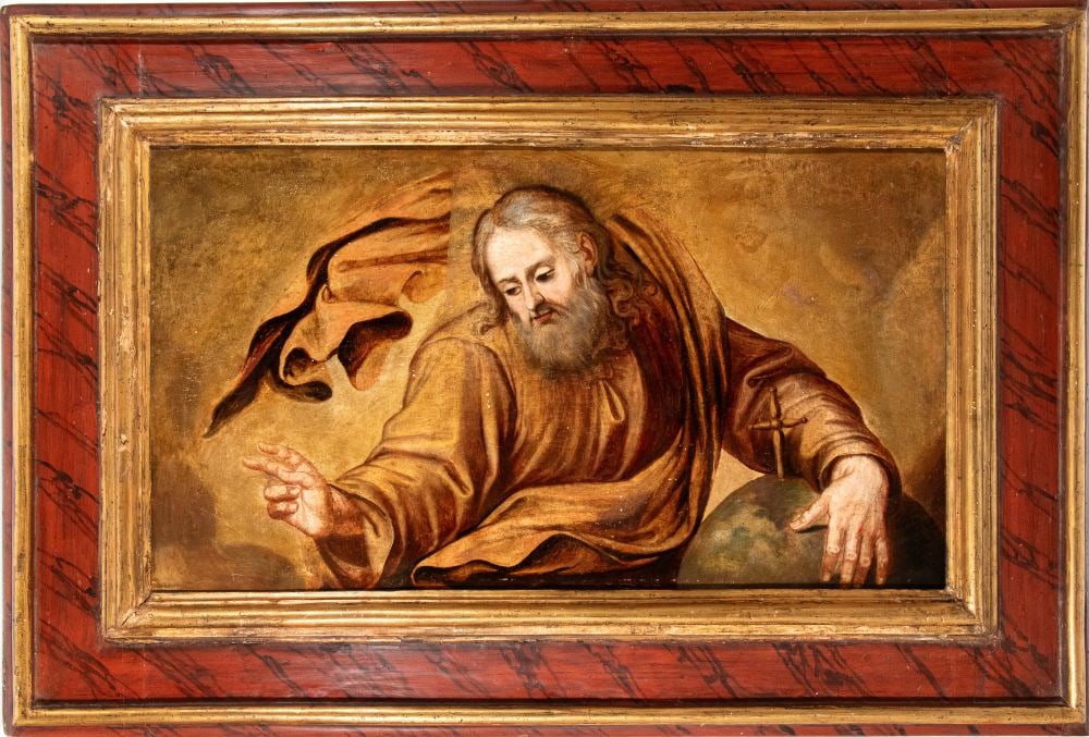 God the Father blessing - Italy, 18th century: Height x width with frame: 89 x 133 cmdepicted in a half-length portrait as he looks downward and points with his right hand. The figure, characterized by a long beard and flowing hair, is wrapped in 