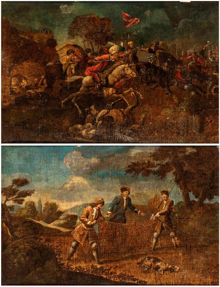 A pair of paintings depicting battle and hunting scenes - 18th century: Height x width with frame: 54 x 77 cmThe first painting depicts a frenzied battle scene: in the foreground, a horseman wearing a striking white turban, identifiable as an Ottoman soldier, rides a gray