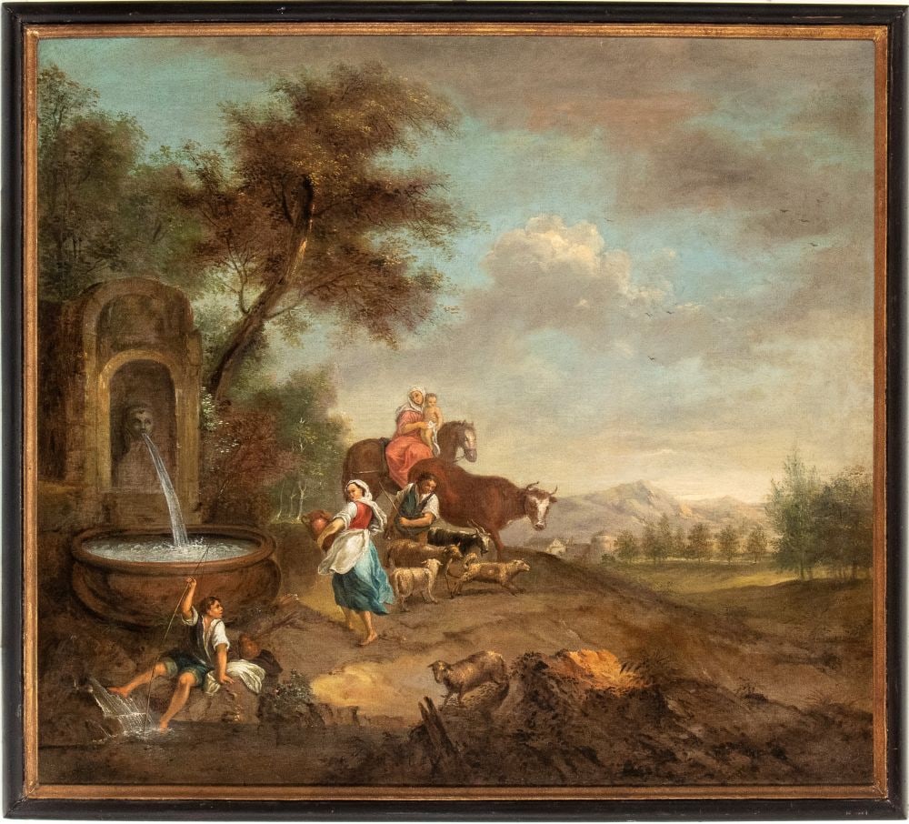 Francesco Zuccarelli (seguace di) Landscape with fountain, shepherds and flocks - (1 of 5)