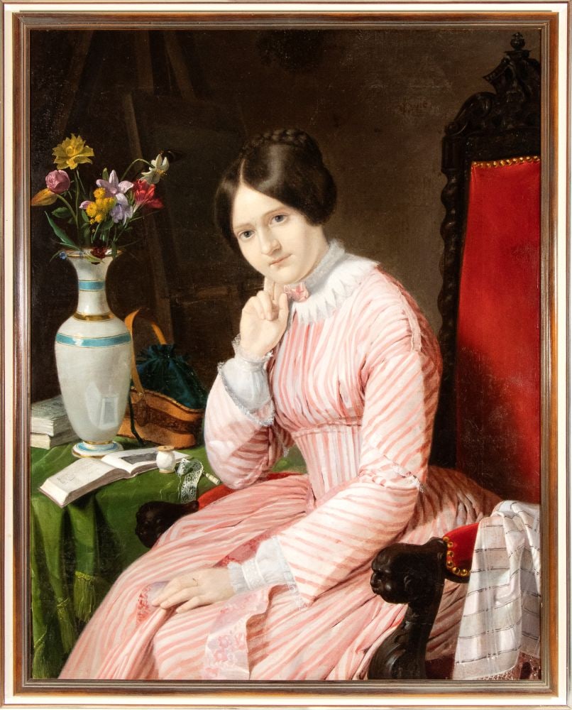 Jean Auguste Dominique Ingres (ambito di) Portrait of a Young Lady Seated with a Vase of Flowers - (1 of 5)