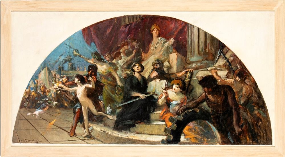 AUGUSTO GUGLIELMO STOPPOLONI Trionfo - Early 20th century: Height x width with frame: 63 x 115 cmThe scene depicts a triumphal procession: in the center, seated on a marble pedestal, is a crowned female figure (an allegory of Rome or Victory), with her arm