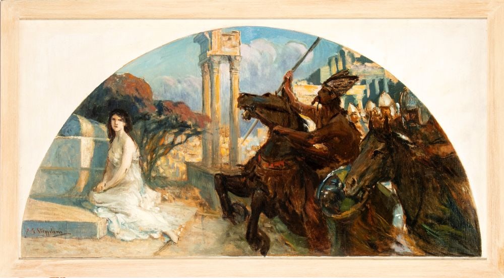 AUGUSTO GUGLIELMO STOPPOLONI I barbari - Early 20th century: Height x width with frame: 63 x 115 cmThe scene depicts a procession of barbarian warriors storming a classical city, with architectural ruins and an ancient-style colonnade visible in the