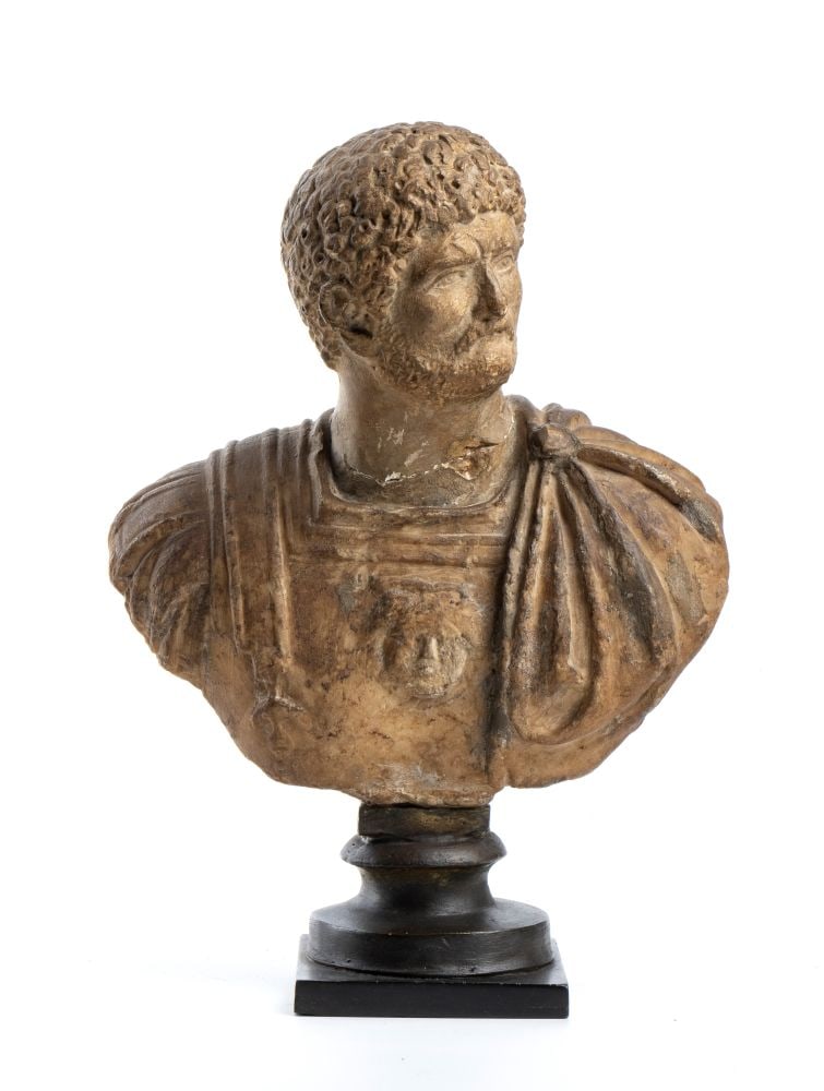 Marble bust of Emperor Caracalla - Italy, 18th century: Height x width x depth: 34 x 24 x 9 cm. Height x base width: 10 x 10 cm. carved with careful attention to detail and drapery, evokes the classical models of imperial Roman sculpture, with armor and pa