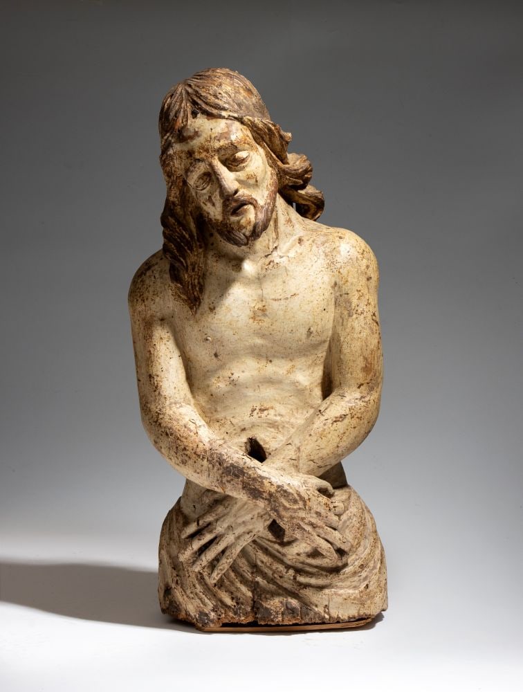 Wooden Christ - Bologna area, 16th–17th centuries: Height x width x depth: 65 x 30 x 22 cmWith a pained expression and his arms crossed over his stomach, the figure's torso is consistent with the iconography of the Ecce Homo.Item condition grading: **