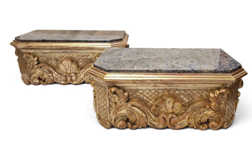 Pair of gold-colored wall shelves with drawers - Italy, 19th century (1 of 3)