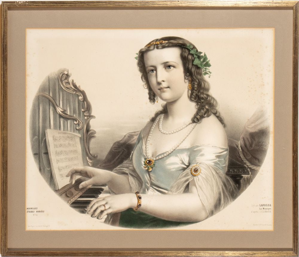 Lithograph depicting “Music” - France, 19th century: Height x width: 65 x 75 cman allegory of Music personified as a young noblewoman captured in the act of playing. The work is signed by Lafosse and is part of a famous series of salon prints intended f