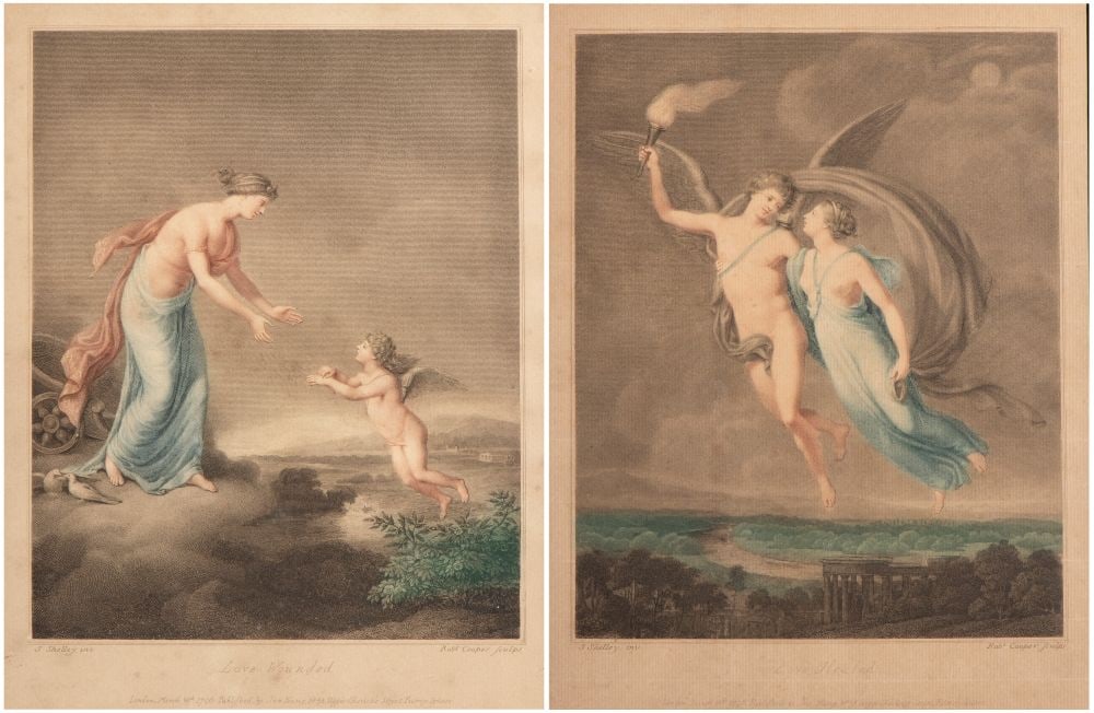 Robert Cooper Pair of prints featuring allegorical scenes - 18th century: Height x depth: 41 x 34 cmbased on works by Samuel Shelley. The two compositions, conceived as a pair, unfold an allegorical narrative on the theme of love. In Love Wounded, Venus, draped in soft fold