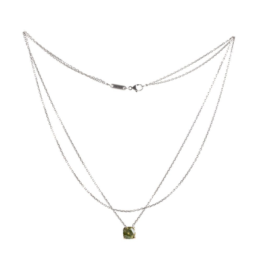 CHOPARD Fancy color diamond gold necklace pendant: A delicate forced-link 18k white gold chain, pendant set with a round brilliant-cut diamond weighing 1.56 ct, yellow-green fancy colour, clarity I.Hallmarked "750". Signed: "CHOPARD". Length: 42 cm. W