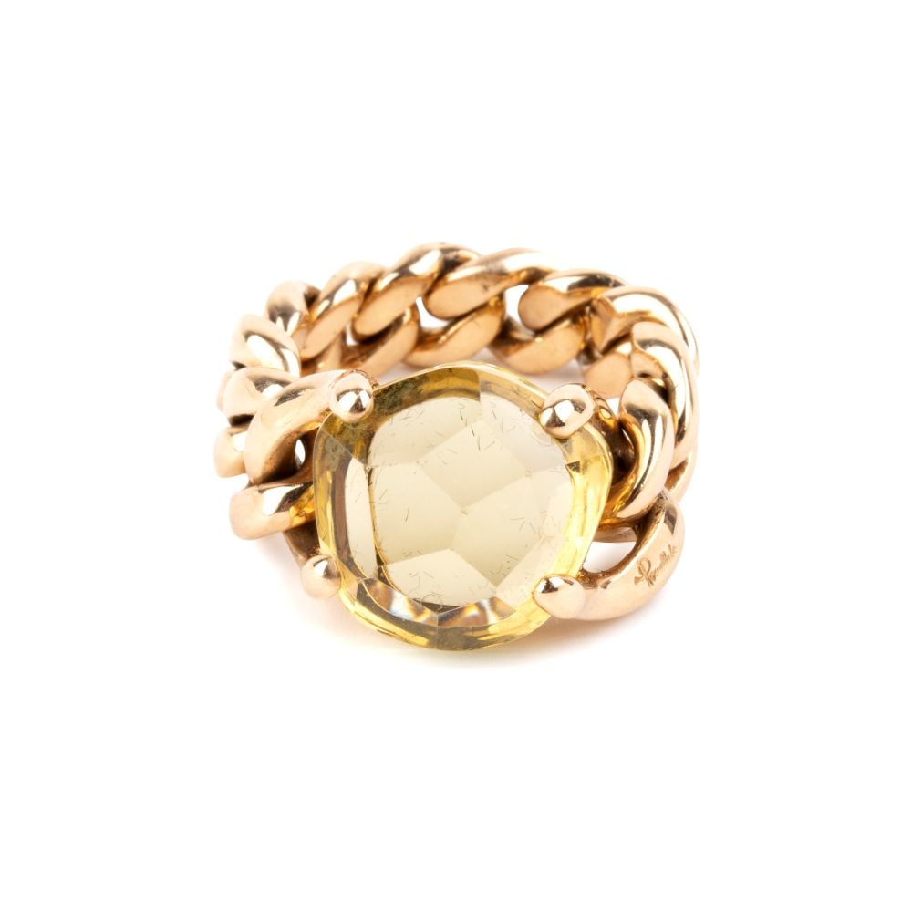 POMELLATO Citrine quartz gold ring: 18k yellow gold woven chain, set with an citrine quartz.Hallmarked “750 – 351 MI”. Signed ‘POMELLATO’.IT size 17 ½. - US size 8. Weight: 14.3 g.