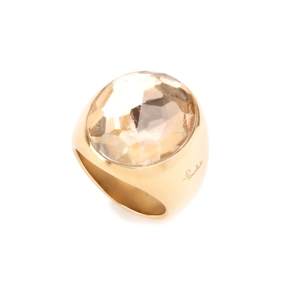 POMELLATO Pink quartz gold band ring: 18k yellow gold, set with a large rose quartz.Hallmarked “750 – 1970 AL”. Signed "POMELLATO".IT size 12 – US size 6 ½. Weight: 18.1 g.
