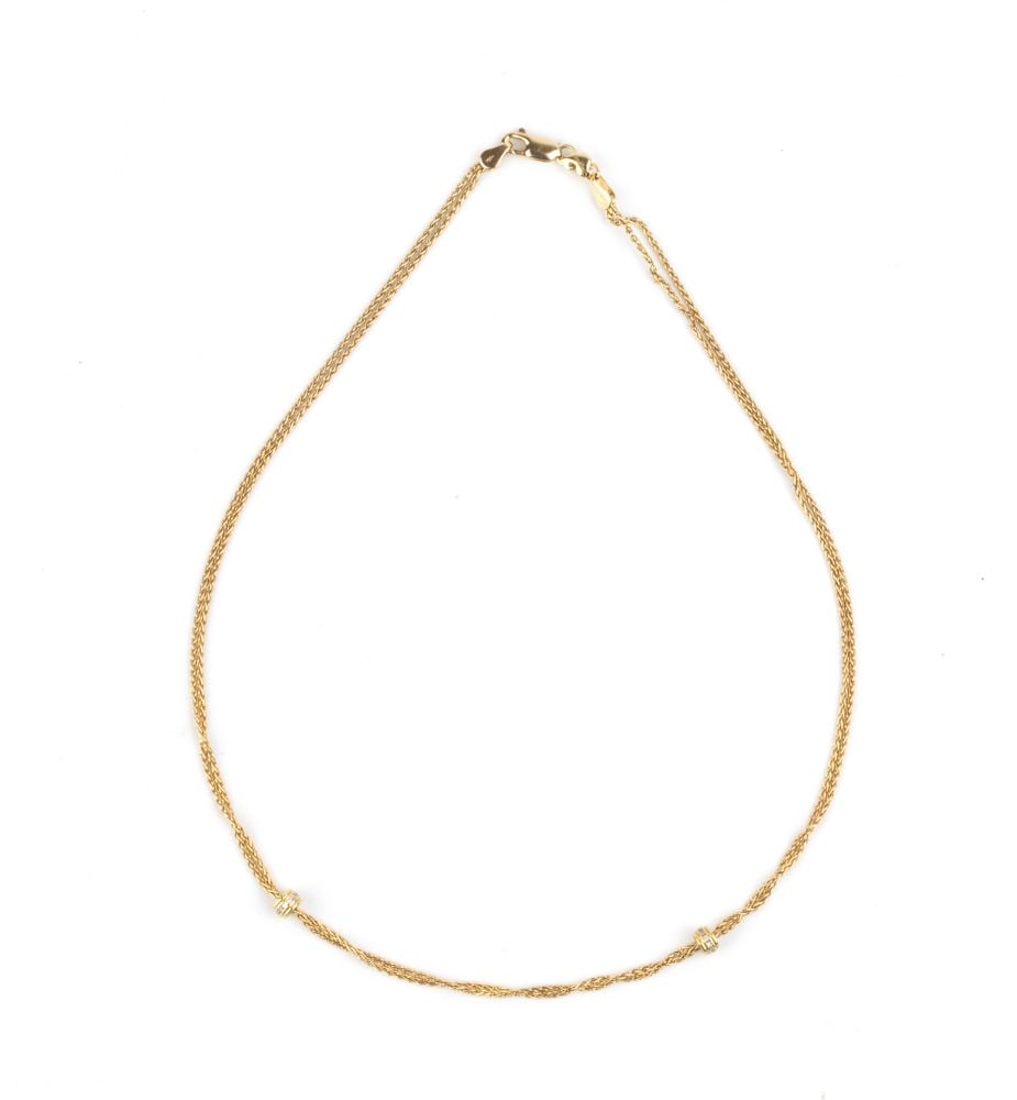 CHANTECLER Diamond gold necklace: Featuring a delicate 18k yellow gold wheat chain set with small diamonds.Hallmarked “750 – 1059 NA”. Signed "CHANTECLER CAPRI".Length: 42 cm. Weight: 9.4 g.