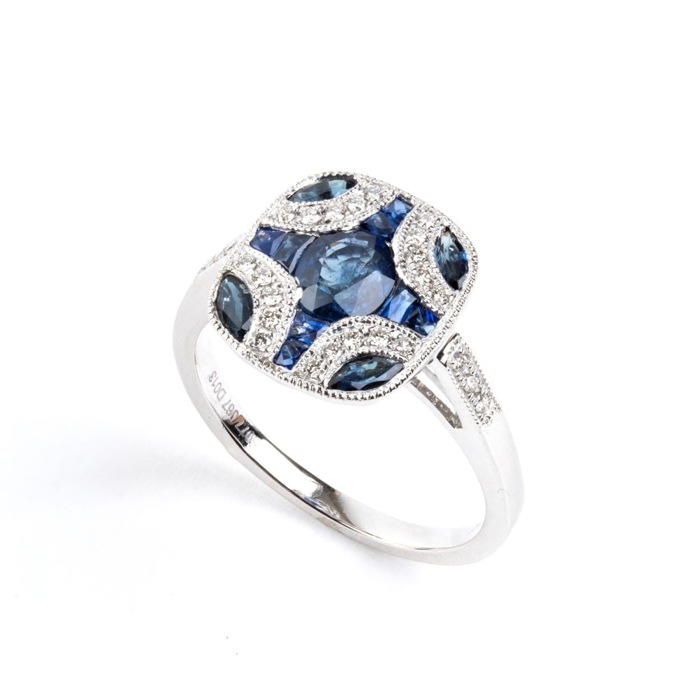 BRANAR PARIS Sapphire diamond platinum ring: Platinum, with a geometric sapphires and diamonds design.N. 01 oval-shaped sapphire, composite cut, estimated weight approx. 0.77 ct; other round-shaped sapphires, composite cut, total estimated