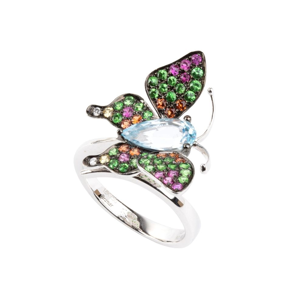 BRANAR PARIS Diamond colored stones gold ring: 18k white gold, featuring a butterfly with aquamarine body, diamonds, tsavorites and corundum pave set wings.Hallmarked "18k - 750". Signed "BRANAR".IT size 13 - US size 6 1/2. Weight: 5.4 g.The winni