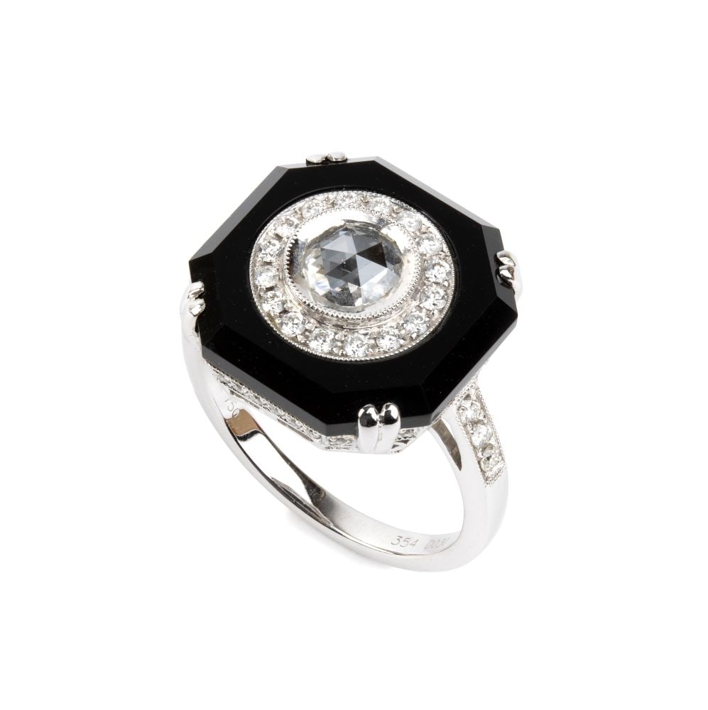 BRANAR PARIS Diamond onyx Déco style gold ring: 18k white gold, set with a central rose-cut diamond framed by onyx and small rose-cut, the shank and basket accented by rose-cut diamonds. Hallmarked "750 - 18k". Signed "BRANAR".IT size 13 - US size
