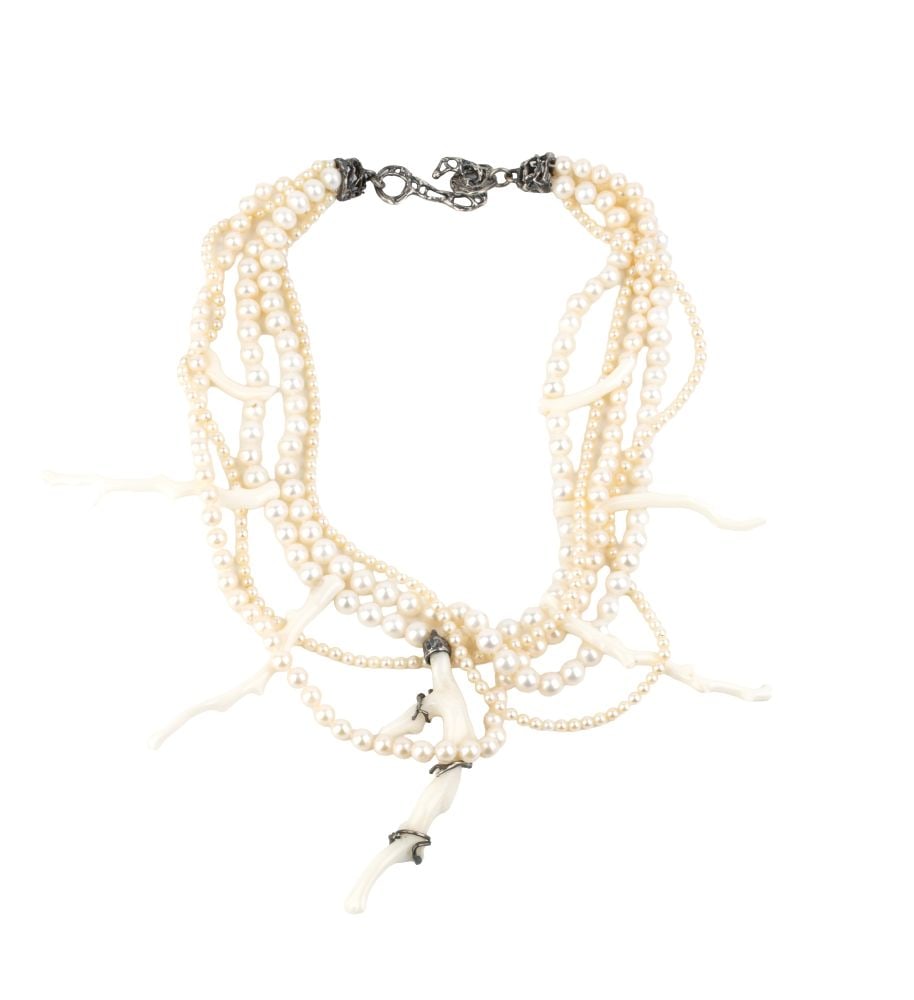 ISABELLA ASTENGO White coral pearl silver necklace: Featuring two strands of saltwater cultured pearls and three strands of freshwater cultured pearls, a fringe of white coral sprigs (Corallium Konojoi), and silver clasps.Designed by "ISABELLA
