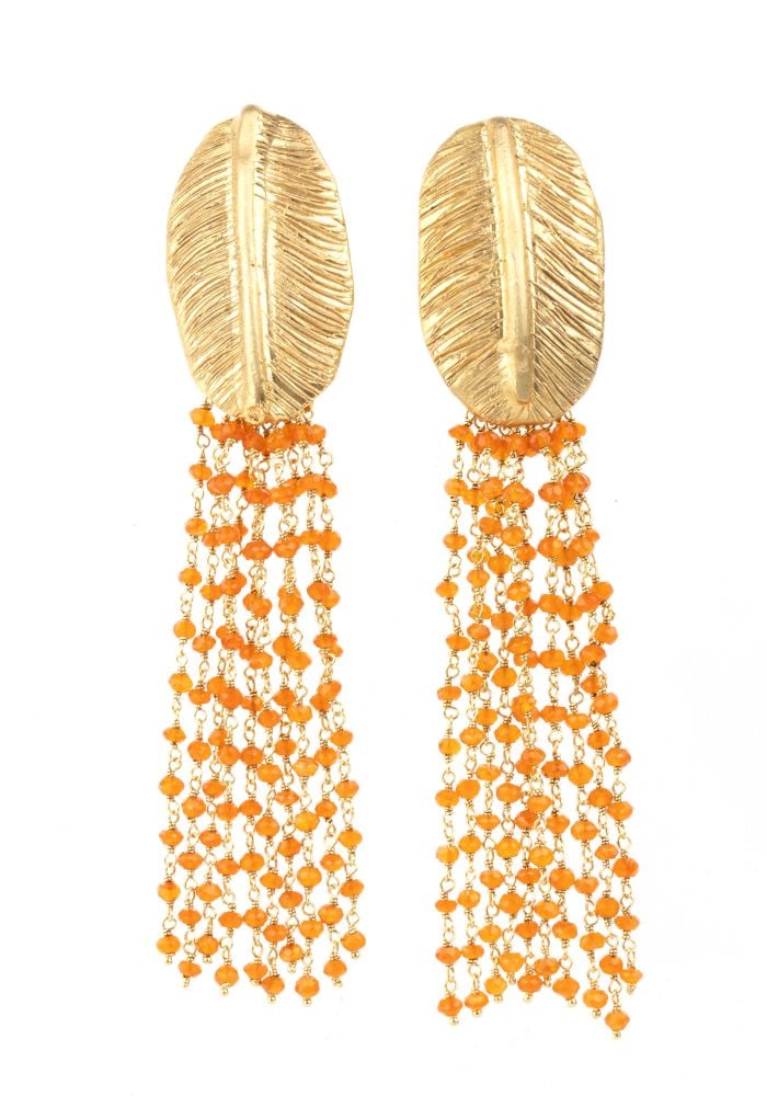 ISABELLA ASTENGO Gilded silver carnelian drop earrings: Depicting a gilded silver leaf with a carnelian fringe. Hallmarked "925". Signed: "ISABELLA ASTENGO".Front dimensions: 10.5 x 2.5 cm. Length: 7.2 cm. Weight: 37 g.