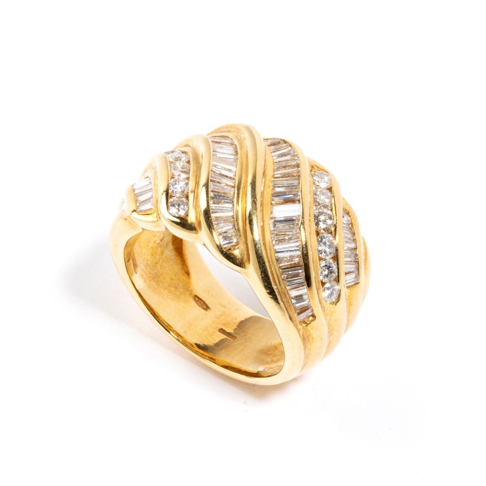 Gold and diamond band ring: 18k yellow gold, with a diamond waves motif with round brilliant-cut and rectangular step-cut diamonds estimated total weight approx. 2.18 ct, colour G-H, clarity VVS-VS, as measured and graded in