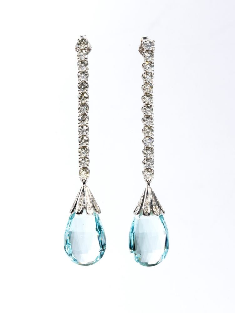 Aquamarine diamond gold earrings: 18k white gold, each with teardrop-shaped aquamarine, estimated to weight a total of approx. 22.00 ct and round brilliant-cut diamonds, estimated to weight approx. 1.15 ct, H-I colour, SI clarity, as