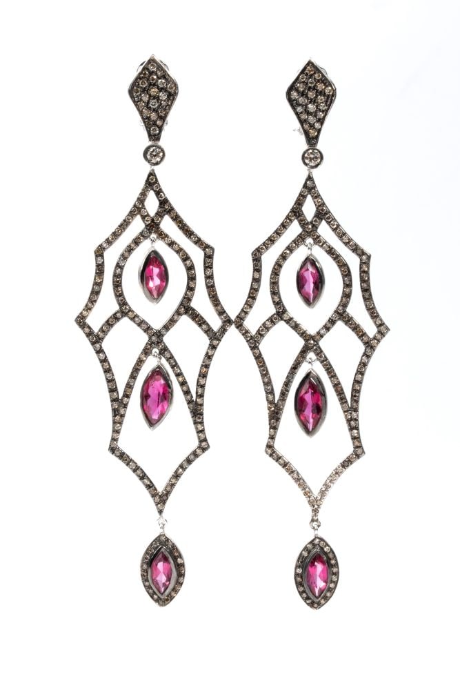 Diamond rubelite gold earrings: in 18k white gold with ruthenium plating, set with fancy brown diamonds and oval rubellites. Signed: ‘MARTA PAOLILLO’.N. 02 oval-shaped rubellite tourmalines, composite cut, estimated tota