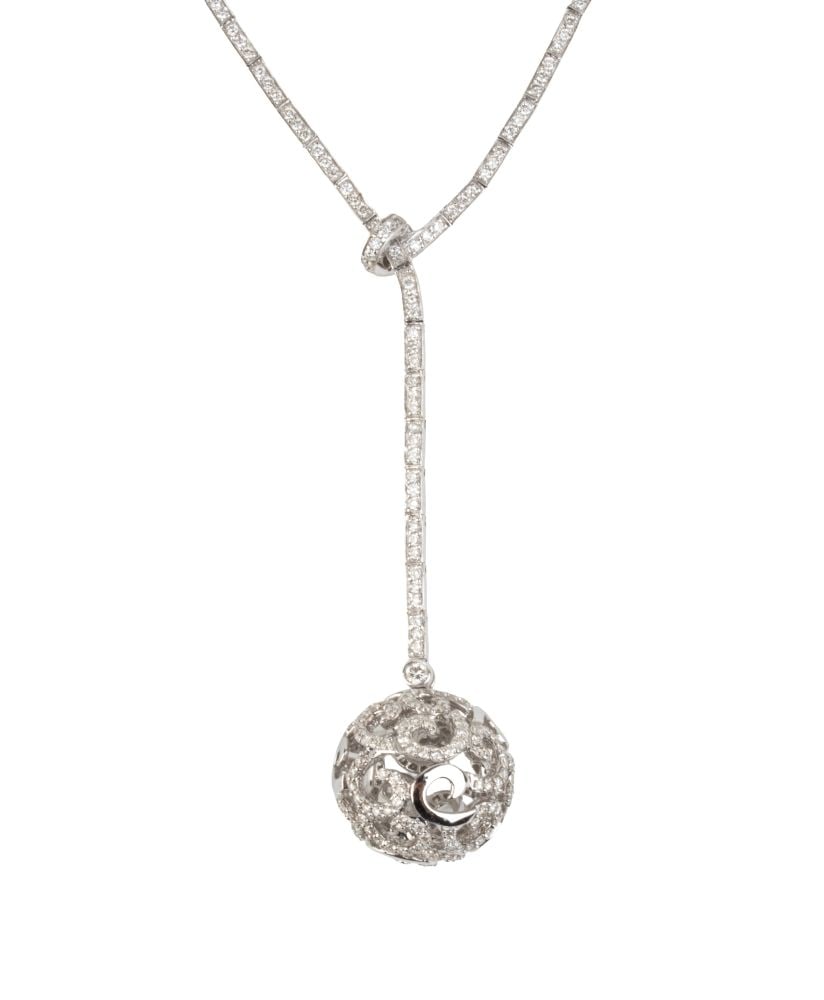 Diamond necklace pendant: 18k white gold, delicate necklace set with diamonds, featuring a central pendant in the shape of an openwork sphere, with pavé set diamonds.Brilliant-cut diamonds with an estimated total weight