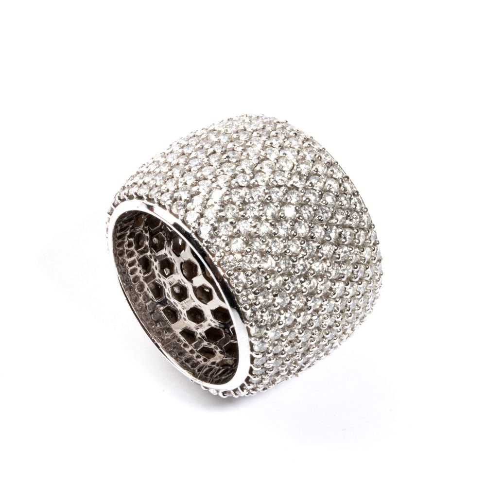 Diamond gold band ring: 18k white gold ring, with pave ser round brilliant-cut diamonds, estimated total weight approx. 4.68 ct, colour F-G, clarity VVS-VS, as measured with the setting.Hallmarked “750 – 2134