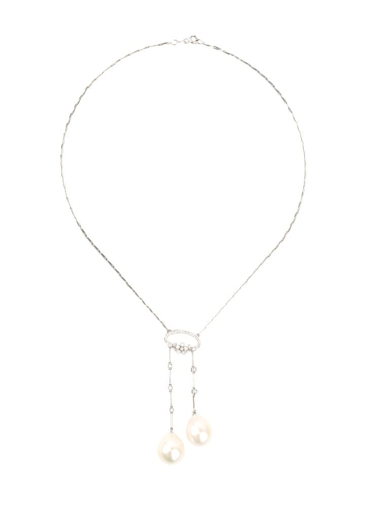 Diamond pearl gold necklace: A delicate 18k white gold link chain with a central diamond motif from which two freshwater cultured pearls hangRound brilliant-cut diamonds, estimated to weigh a total of approx. 0.65 ct, G colour,