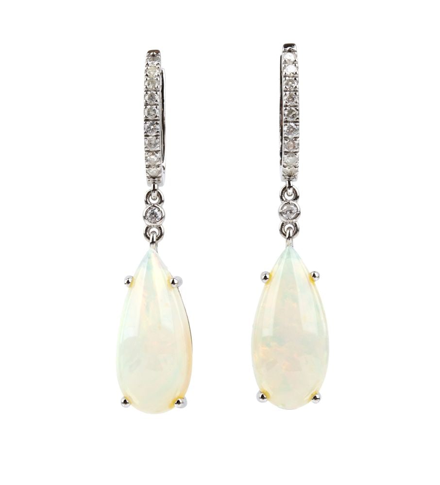 A pair of gold drop earrings with opals and diamonds: 18k white gold, eachwith a pear shaped, cabochon cut opal suspended from a diamonds line. Round-shaped, brilliant-cut diamonds, with an estimated total weight of approx. 0.60 ct, colour H, clarity I,