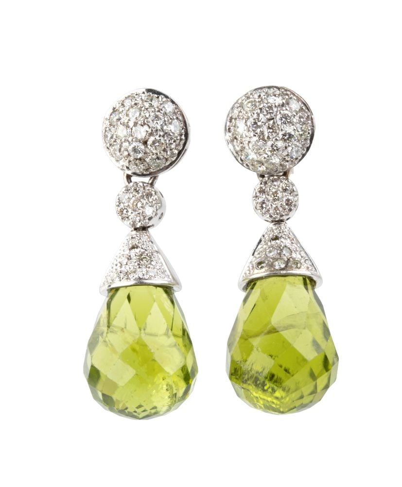 Pair of dangling earrings with peridots and diamonds: Crafted in 18k white gold, featuring a faceted peridot teardrop surmounted by a pavé setting of brilliant-cut diamonds with an estimated total weight of approximately 0.60 ct, color G-H, clarity