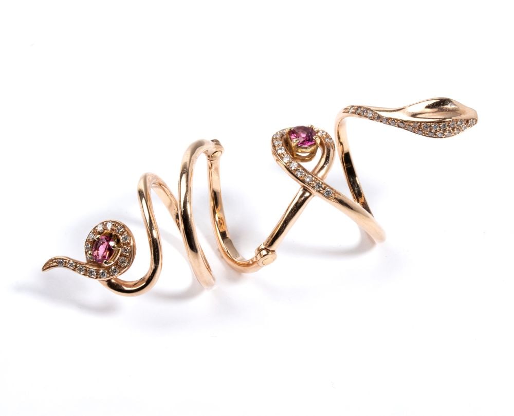 Diamond tourmaline gold ring: 14k pink gold, set with tourmalines and diamonds. Signed "MARTA POLILLO".Round brilliant-cut diamonds, estimated to weigh a total of approx. 0.50 ct, H-I colour, VS-SI clarity, as gauged and graded