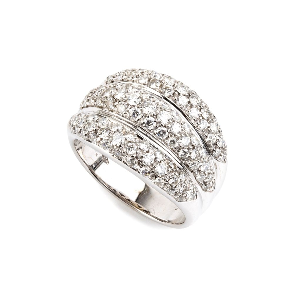 Diamond gold band ring: 18k white gold, shaped like a beaded band, with brilliant-cut diamonds pave set, estimated total weight approx. 1.70 ct, colour F-G, clarity VVS-VS, as gauged and graded in the mountHallmarked “