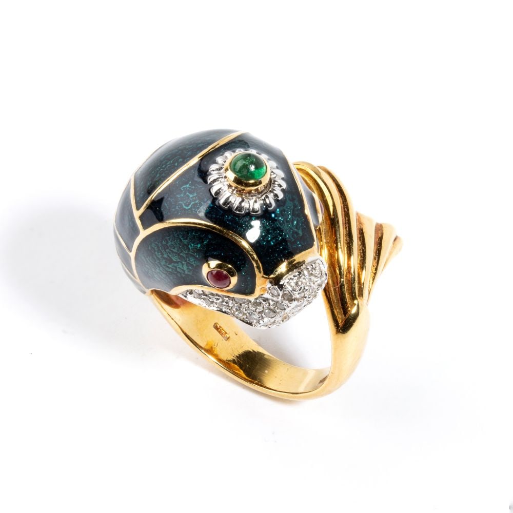 Diamond ruby emerald enameled gold ring - 2