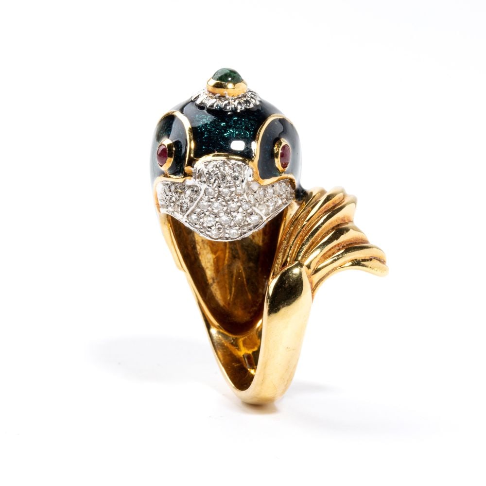 Diamond ruby emerald enameled gold ring - 3