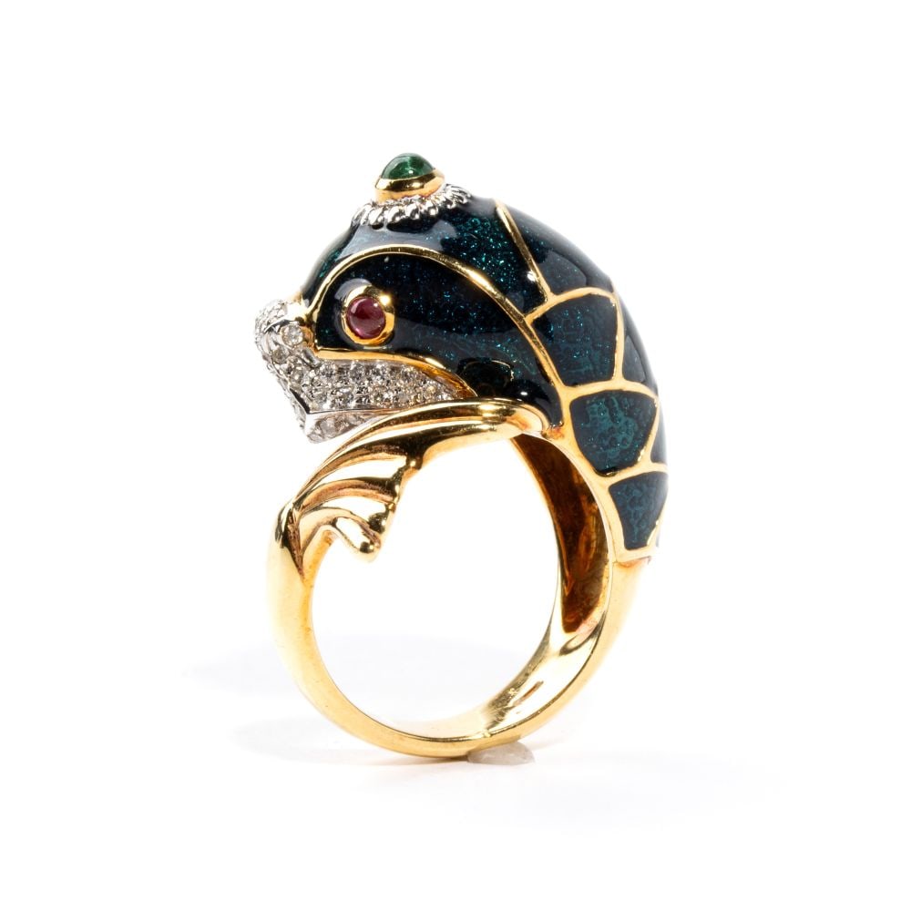 Diamond ruby emerald enameled gold ring - 4
