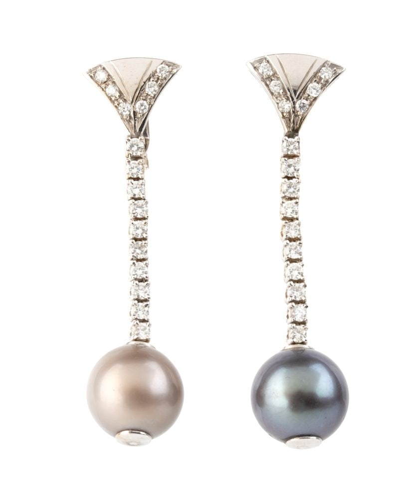 Tahitian pearl diamond drop earrings: 18k white gold, with a row of brilliant-cut diamonds estimated total weight of approx. 1.60 ct, colour G-H, clarity VVS-VS, from which hangs a Tahitian cultured pearl.Hallmarked "750".Pearl diameter: