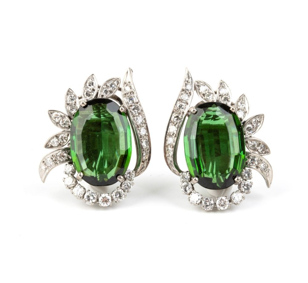 Diamond tourmaline gold pair of earrings: 18k white gold, set with green tourmalines framed by ribbons and leaves huit-huit cut diamonds, estimated total weight of approx. 2.00 ct, colour G-H, clarity VS.Hallmarked "750".Front dimensions: 2