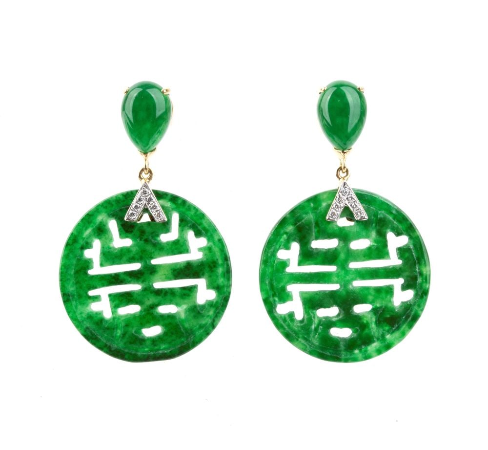 Jade diamond gold drop pair of esrrings: 18k yellow and white gold, featuring a pierced green jade disc depicting the Chinese character "Shou", which symbolises longevity and good health; diamond details.Hallmarked "DC18k - 750". Front
