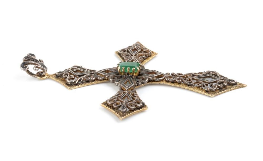 Emerald gold silver cross pendant - 2