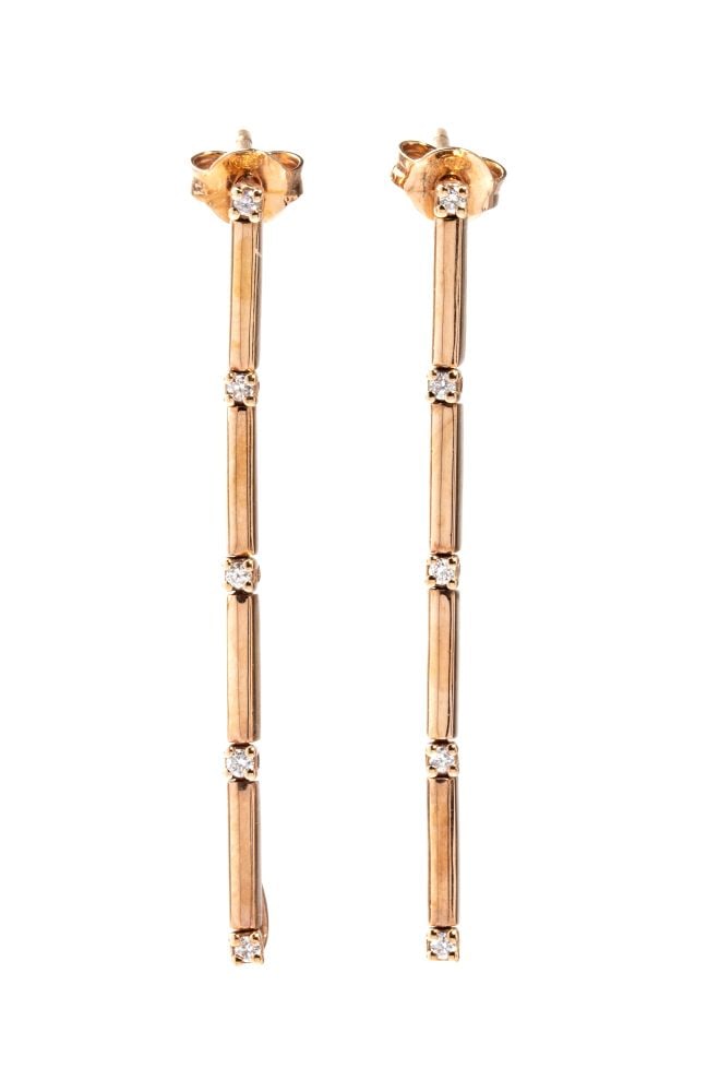 Diamond gold drop earrings: 18k pink gold, featuring articulated bar elements, set with round brilliant cut diamonds, estimated total weight approx. 0.18 ct, colour H, clarity VS.Hallmarked “750”. Lenght: 4.5 cm.