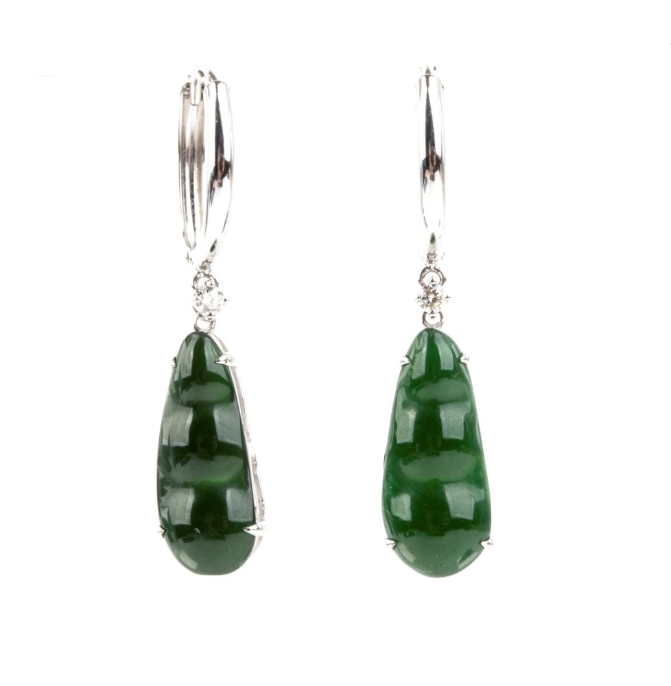 Pair of gold and silver hoop earrings, with drop pear shaped jade and diamond (1 of 4)