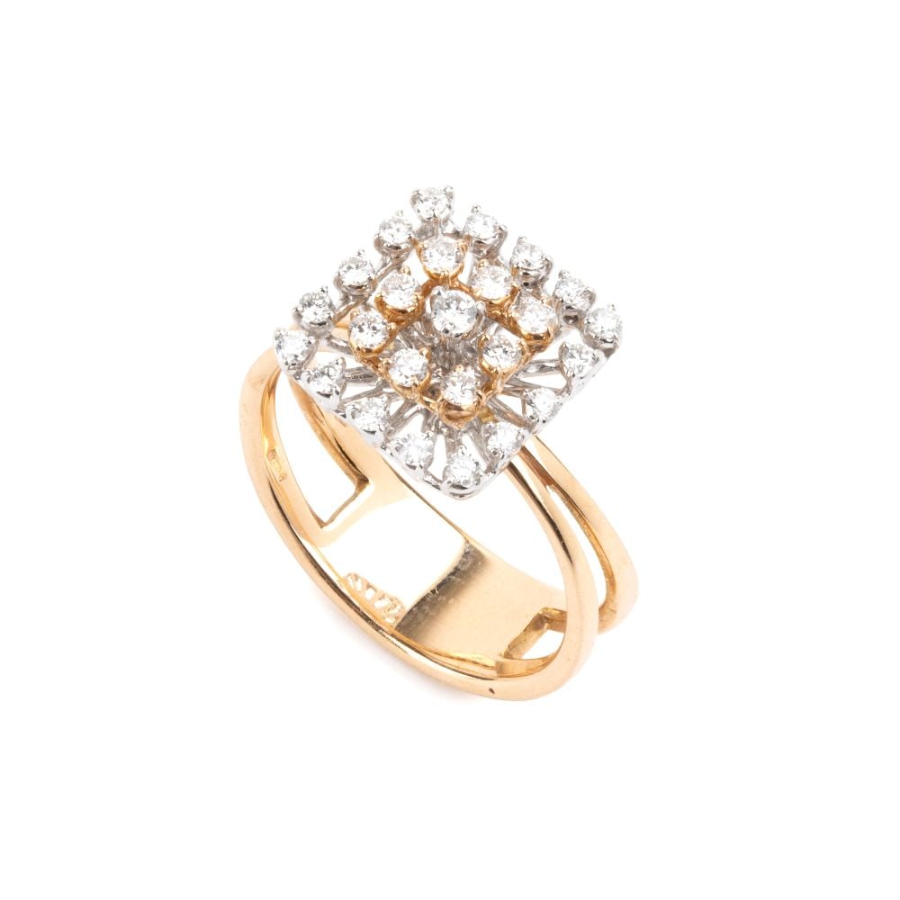 Diamond gold ring: 18k rose and yellow gold, featuring a geometric pattern set with brilliant-cut diamonds with an estimated total weight of approx. 0.75 ct, colour F-G, clarity VVS, as gauged and graded in the mount.Ha