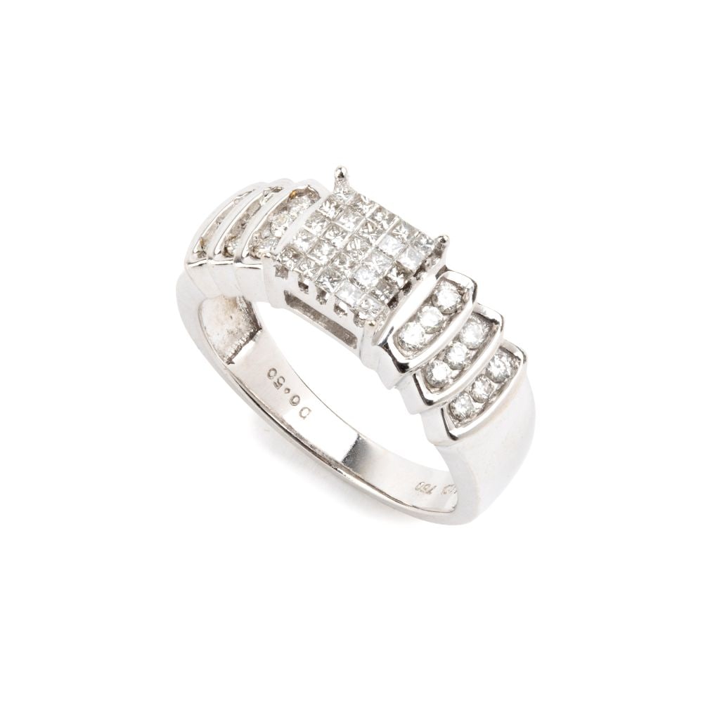 Diamond gold band ring: 18k white gold, with a pavé set of princess-cut and brilliant-cut diamonds estimated to weigh approx. 1.10 ct, colour G-H, clarity VVS-VS, as gauged and graded in the mount.Hallmarked "750".IT