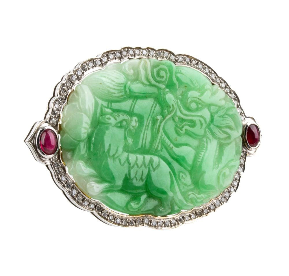 Green jade diamond ruby gold brooch - 2
