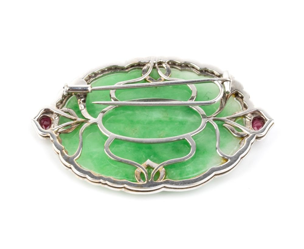 Green jade diamond ruby gold brooch - 4