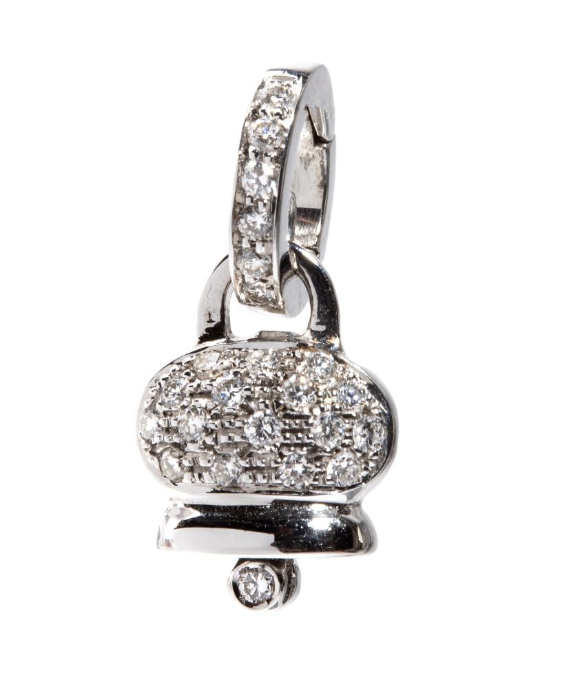 Diamond gold pendant: 18k white gold, bell shaped, with pave set round brilliant cut diamonds, estimated to weigh a total of approx. 0.23 ct, GH colour, VS clarity, as gauged and graded in the mount.Hallmarked “750&#