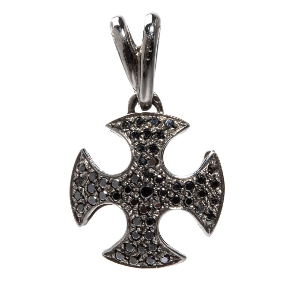 Black diamond gold pendant: 18k white gold ruthenium plated, featuring the silhouette of a cross embellished with a pavé set round brilliant-cut black diamonds, estimated to weigh a total of approx. 0.35 ct.Hallmarked