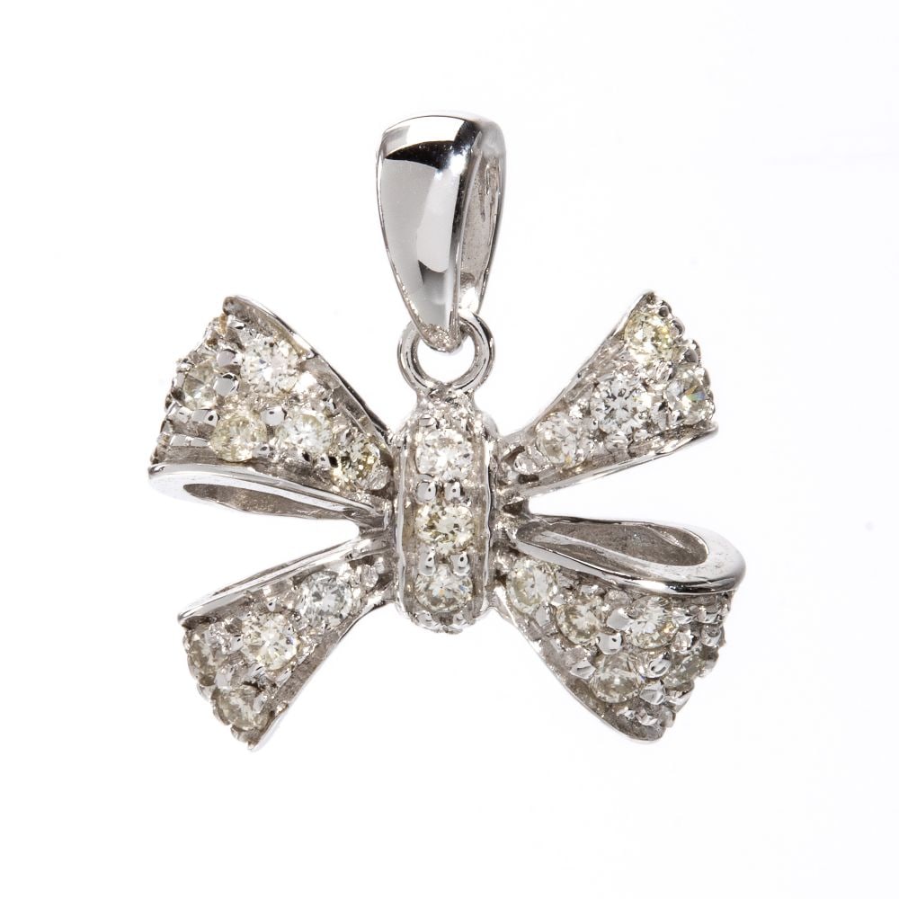 Diamond gold pendant: 18k white gold, featuring the a bow, embellished with a pavé set round brilliant-cut diamonds, estimated to weigh a total of approx. 0.24 ct, colour H-I, clarity VS-SI, as measured and graded in 