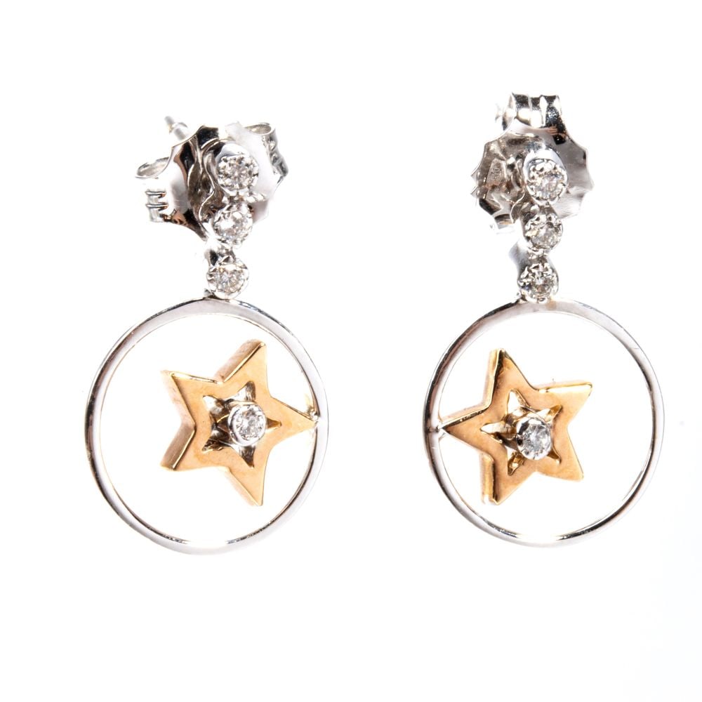 Diamond gold drop pair of earrings: 18k pink and white gold, with a line of diamonds from which a circle and a star hang.Round brilliant-cut diamonds, estimated to weight a total of approx. 0.10 ct, H-I colour, VS clarity.Hallmarked