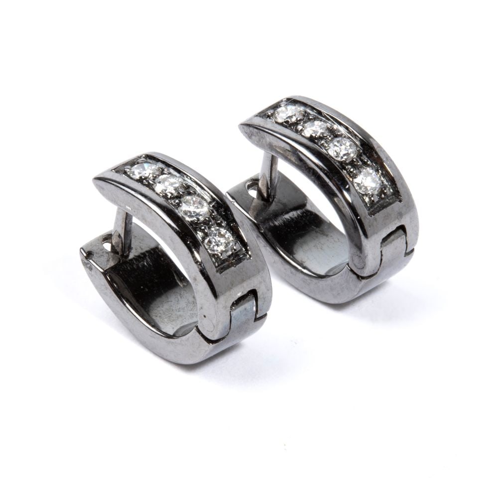 Diamond gold earrings: 18k white gold, ruthenium plated, set with round brilliant-cut diamonds, estimated to weight a total of approx. 0.12 ct, F-G colour, VVS-VS clarity, as gauged and graded in the mount.Hallmarked “